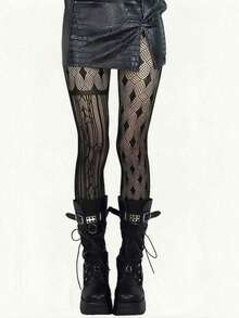 Pure Desire Sexy Style Anti-Snag Non-Slip Lace Vertical Striped Gothic Pattern Striped Pantyhose Women's Retro Punk Sexy Plaid Patchwork Thin Fishnet Stockings - 黑色 - 查看 1
