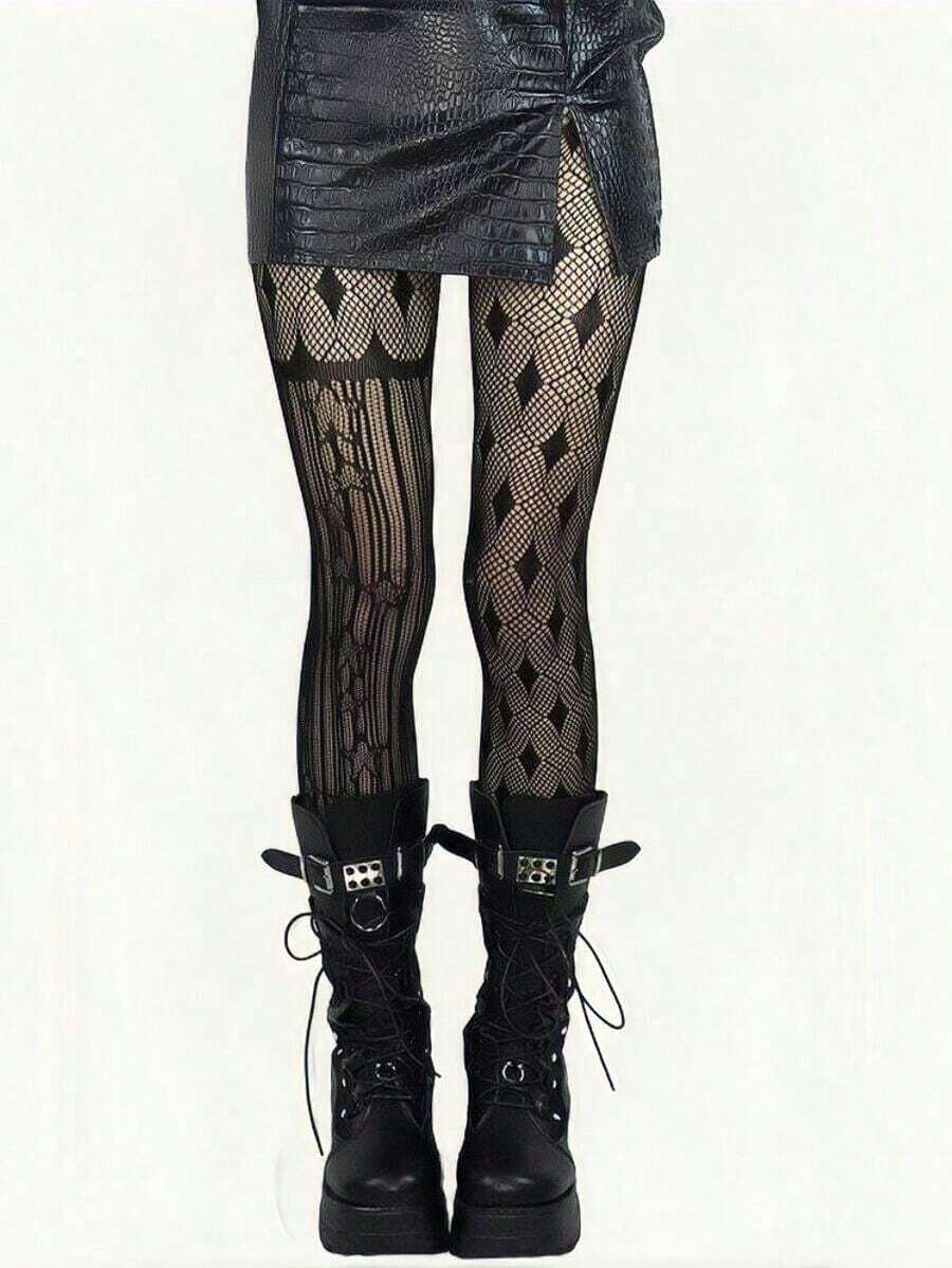 Pure Desire Sexy Style Anti-Snag Non-Slip Lace Vertical Striped Gothic Pattern Striped Pantyhose Women's Retro Punk Sexy Plaid Patchwork Thin Fishnet Stockings - 黑色 - 查看 1