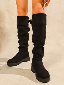 秋冬季加大码女式褶皱系带过膝长靴，粗跟时尚靴，西部风格靴