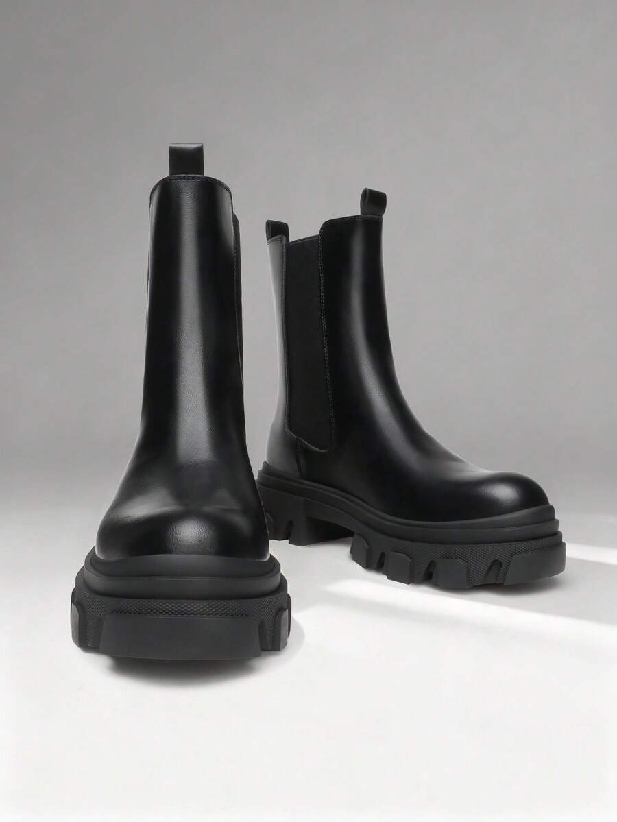 Women's Platform Chelsea Boots Lug Sole Combat Mid Calf Slip On Chunky Ankle Booties - 黑色/PU - 查看 1