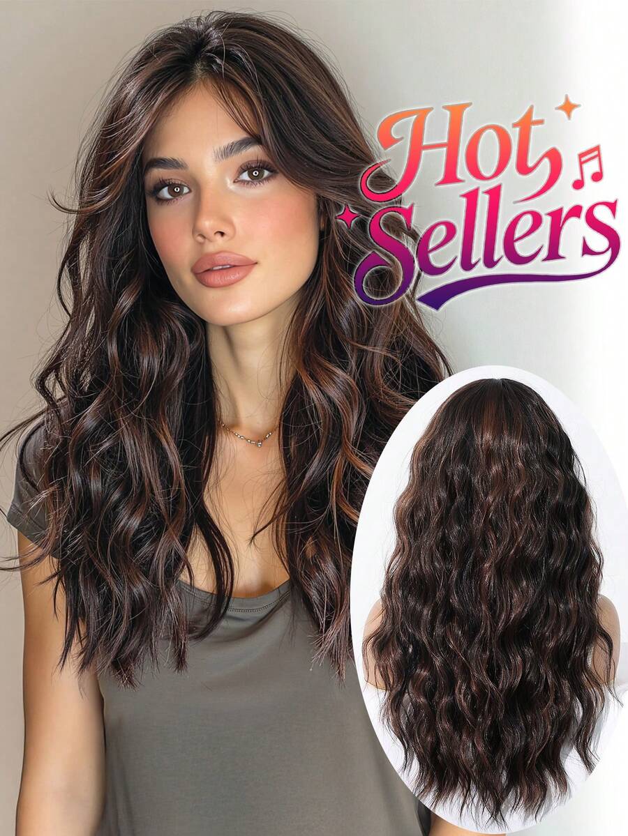 24 Inches Curly Wigs Body Wave Brown Highlight Wig With Split Bangs Full Of Volume And Life Polished And Professional Natural Textured Wave Natural Look Vigorous Tidal Go From Drab To Fab In 5 Mins Synthetic Wigs Cosplay Wigs Party Wigs Suitable For Daily Party Festival And Cosplay Wigs For Women Hairstyle Christmas Wig - 挑染棕色 - 查看 1