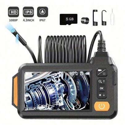 Dual Lens Endoscope Camera With 1080P 8mm 4.3" IPS Screen IP67 Waterproof Car Pipe Inspection Borescope 2600mAh
