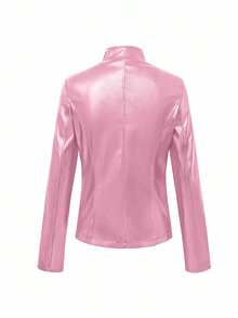 Women's Fashionable Casual Solid Color Long Sleeve Motorcycle Style Zipper PU Leather Jacket, Suitable For Spring, Autumn And Winter - Pink - View 5