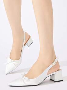 Giày cao gót hở mũi, mũi kín, hở gót, có nơ trang trí cho nữ, giày cao gót đế thô thoải mái, phù hợp cho trang phục hàng ngày, tiệc tùng, đám cưới, những dịp trang trọng, thích hợp cho mùa thu/đông, màu trắng - trắng - Xem 5
