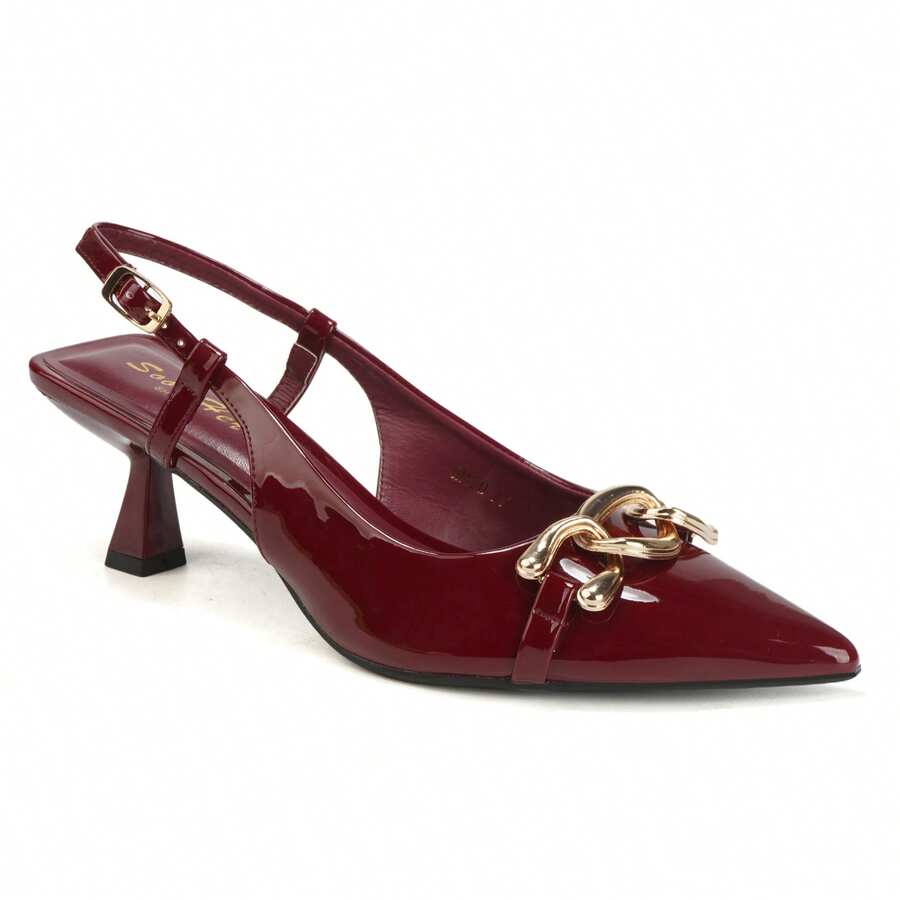 RevReaL Patent Slingback Heels With Gold Chain – Elegant Pointed-Toe Mid-Heel Shoes Commuter Buckle Office - Wine - View 1