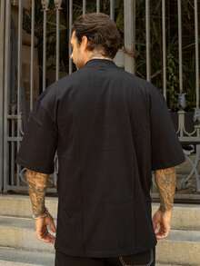 Men's Unisex Basic Plain Oversized Turtleneck T-Shirt - Black - View 5