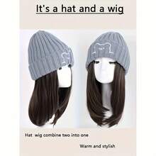 Winter Hat With Built-In Hair, Warm Synthetic Fiber Beanie Wig Combo, Slouchy Topper For Women, Cold Weather Cap For Halloween Christmas - 灰色帽子深棕色頭髮 - 查看 5