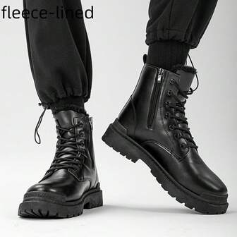 Men's Boots, Black, Thermal Lined, Casual, Motorcycle, Leather Boots, Slip-Resistant, High-Top, English Style, Black, Casual Leather Shoes, Outdoor, Autumn/Winter, Hiking Shoes