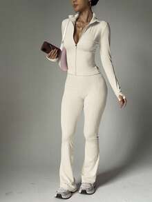 PinkTip Pink Tip 女士纯色无缝弹力夹克和紧身裤运动套装，提拉塑形，柔软紧身裤，休闲、健身、跑步、瑜伽、普拉提