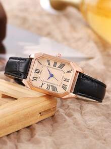 1pc Casual Elegant Fashion Business Rectangular Roman Scale Dial Bamboo Strap Watch, Suitable For Daily Matching, Birthday, Anniversary Gifts, Etc. - Black - View 2