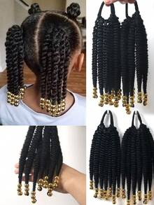 Fluffy Curly Short Ponytail Hair Extension, With Gold Or Silver Beads, Heat-Resistant Synthetic Fiber, Suitable For Girls/Children, 1pc/2pcs, 8 Inches - Black - View 2