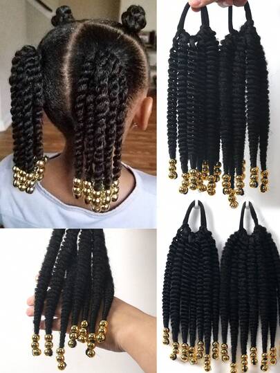 Loose Curly Style Short Ponytail Hair Extensions With Golden Or Silver Beads Heat-Resistant Synthetic Fiber For Gilrs Kids 1pc/ 2pcs 8 Inch