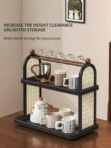Black Double-Layer Antique-Style Cup And Tea Rack, Suitable For Bedroom Cosmetics Storage Rack, Desktop Storage Rack, Kitchen Cup Holder, Water Cup And Tea Cup Holder, Kitchen Cup Storage Rack, Cup Holder, Drain Rack, Coffee Rack. - 黑色 - 查看 8