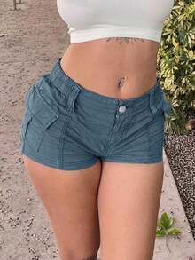 Quần short cargo cạp chun, túi nắp bên hông kiểu Y3K, màu trơn, thích hợp mặc hàng ngày, phong cách lễ hội âm nhạc Y2K mùa hè. - Màu xanh lam - Xem 5