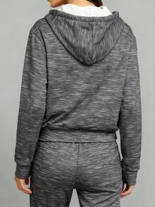 Women's Marled Grey Zip Up Cropped Hoodie, Matching Sporty Loungewear Set, Athletic Two Pieces Outfit With Hooded Jacket & Sweatpants For Gym & Street Fashion - Multicolor - View 2