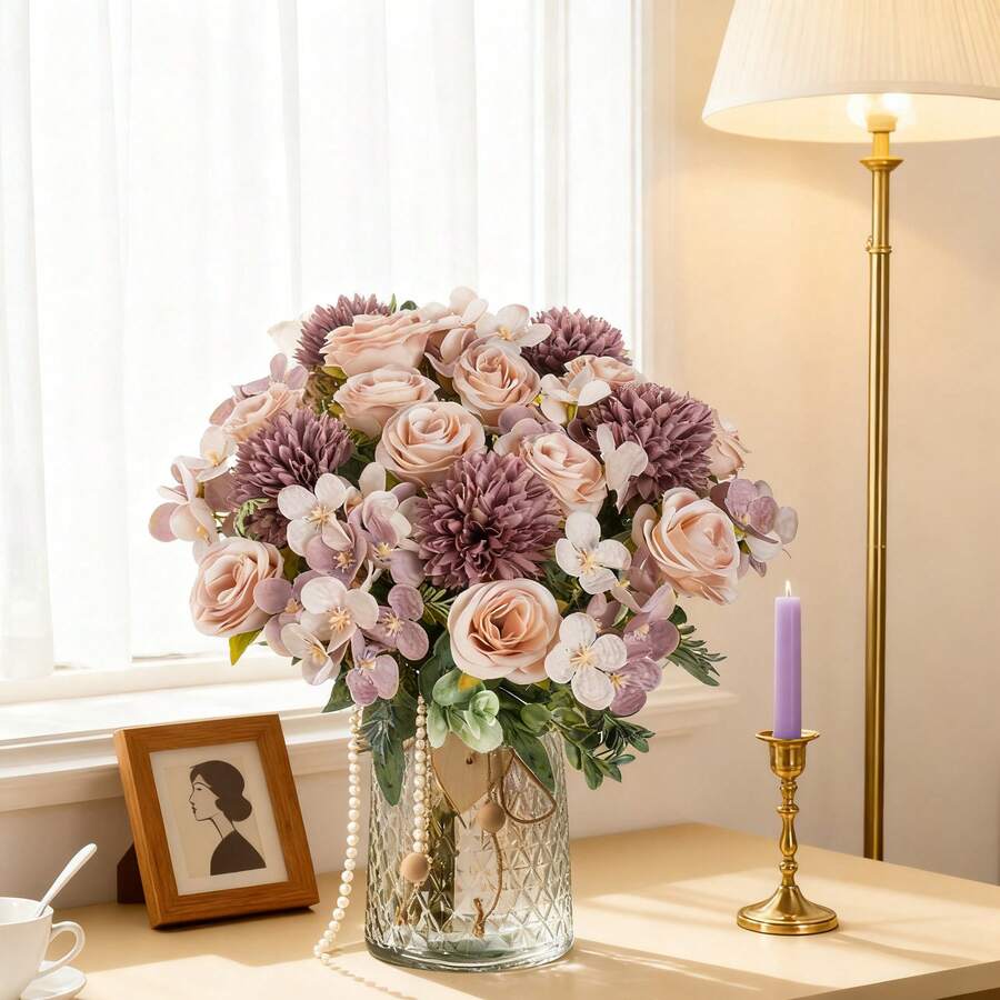 1/3 Ramo (6 Cabezas) 30 cm Crisantemo Rosa Artificial Nórdico, Adecuado para Decoración de Boda, Ramo de Novia, Decoración de Aula de Vuelta a Clases, Decoración de Florero en el Hogar, Decoración de Jardín al Aire Libre, Fiesta de Cumpleaños - Morado - Ver 1