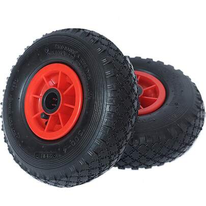 Bakaji Set 2 Ruote Pneumatiche per Carrello, Gomme ad Aria 4 Strati 3.00-4, Battistrada Scolpito Diametro 26cm Larghezza 9cm, Cerchio Rosso, Ruote Ricambio Carrellino
