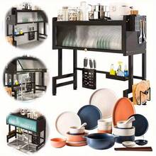 YUWUAR Heavy-Duty Steel Over The Sink Dish Drying Rack - 3-Tier Large Kitchen Storage Shelf With Cover, Space-Saving Dishwasher-Free Organizer, Utensil Holder & Dishwasher-Like Rack (Fits Pots/Pans/Plates), Faucet Height Limit 18.9", 33.5 InchHome Decor, Party Storage, Christmas Storage, New Year Storage - màu đen - Xem 11