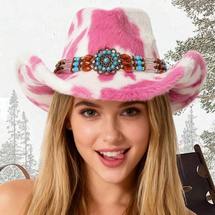 Gorro vaquero cálido de felpa con estampado de vaca para mujer, gorro occidental con cinturón de cuentas, gorra de jazz moderna para actividades al aire libre en invierno. - Rosa - Añade 4
