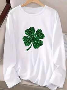 2025[St. Patrick's Day T-Shirt] Women's St. Patrick's Day Four-Leaf Clover Graphic T-Shirt - White Top With Green Glitter Print, Crew Neck Long Sleeve Shirt For Irish Parties, Everyday Fits - Machine Washable Casual Blouse, Seasonal Fashion, Playful Design, Durable Construction, Holiday Apparel, Party GoersSoft And Breathableoversized Hoodie, Sweatshirt 2025 - 白色 - 查看 12