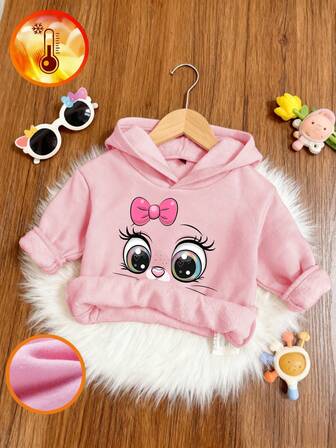 1件套女婴休闲图案印花连帽卫衣，秋冬款 - 可爱的连帽卫衣，醒目的印花，为每个孩子带来欢乐和幸福！色彩缤纷、富有想象力的连帽卫衣，可爱的卡通眼睛图案激发孩子们的创造力