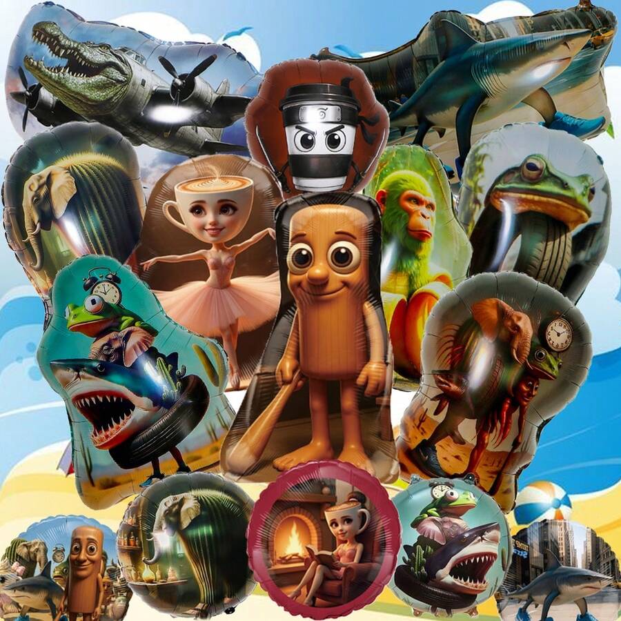 AI 山海经主题 Tungtungtung Sahur、Tralalero Tralala、LiriLi Larlla、Bombardiro Crocodilo、Bombombini Guzini、Boneca Ambalam 五角星彩色派对气球套装，游戏爱好者和收藏家必备的派对装饰，完美的派对礼物和生日惊喜礼物，非常适合圣诞节、万圣节和感恩节礼物 - 彩色 - 查看 1