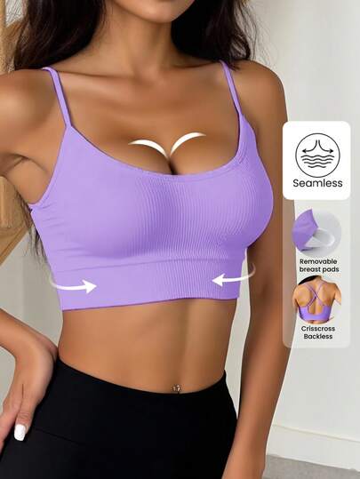 1pc Seamless Adjustable Criss Cross Strap Supportive Sports Bra, Com Tafel Removable Padded Wireless Yoga, Workout Exercise