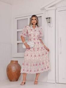 Women's Midi Dress With Embroidered Lace, All-Over Print, Embroidery, Button Detail, Ruffle Detail, Gathered Detail, Suitable For Formal And Evening Wear. - Ver 3