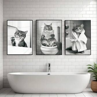 1/3 piezas Decoración de pared de arte abstracto moderno, pósteres de lienzo impresos en blanco y negro de gatos cepillándose los dientes, yendo al baño y usando batas de baño, decoración para dormitorio, sala de estar, baño, cocina, oficina, pinturas colgantes (sin marco/enmarcado)