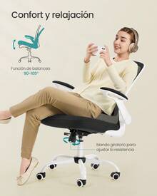 SONGMICS Silla de Oficina, Giratoria de Malla, Escritorio Ergonómica, Soporte Lumbar, Oscilante, Apoyabrazos Abatibles, Negro y Blanco - Negro - Ver 5