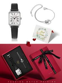 LUCKYFOX Vintage PU Leather Square Quartz Watch Set With Bracelet Gift Box For Teenage Girls - Black - View 3