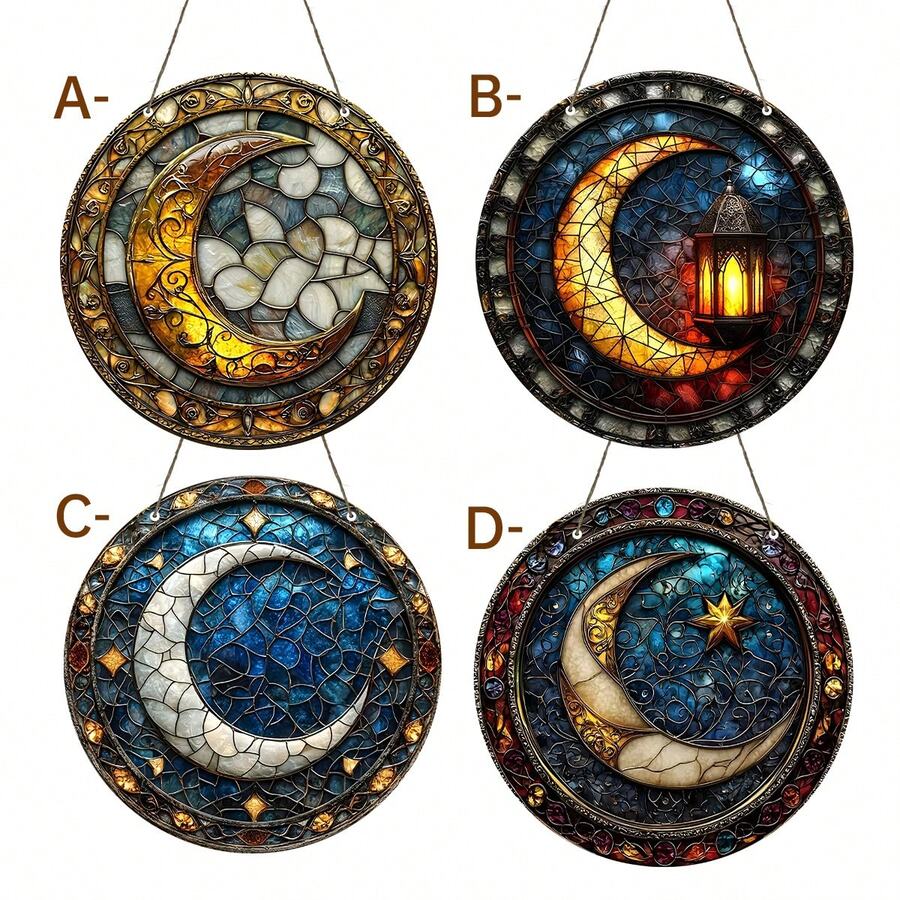 Decoração Suspensa Acrílica Redonda - Design de Lua Crescente em Vidro Pintado com Cores de Outono, Peça de Arte para Janela, Parede, Varanda, Decoração de Jardim, Decoração de Iluminação, Acento de Varanda, Design de Moldura Delicada, Artesanato Artístico - Acrílico redondo - Visão 1