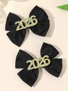2pcs/Set 2026 Happy New Year Design Teen Girls Hair Bow Clips,Glitter 2026 Decor Black Fabric Headdress,Suitable For Teens New Year Festival Outfit Hair Accessories - Multicolor - View 4