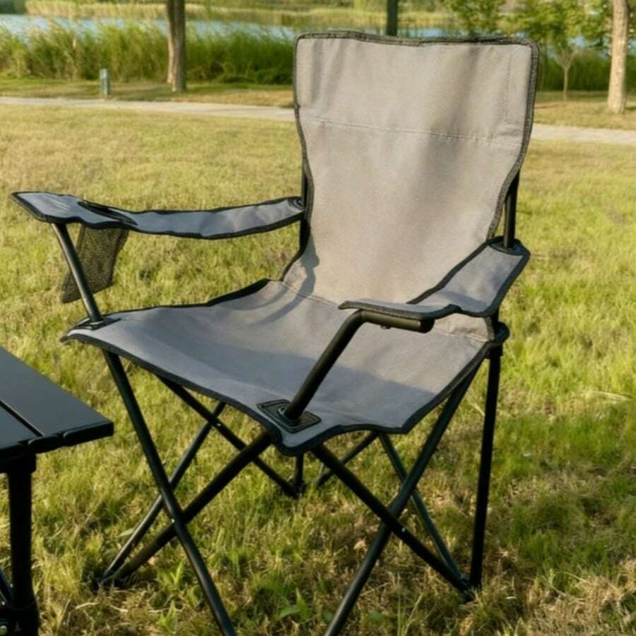 Silla plegable de exterior con reposabrazos, silla plegable de playa, equipo portátil para campamento y picnic, silla de descanso para pesca, silla para dibujo al aire libre. - Gris - Ver 1