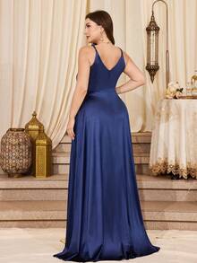 1950s Vintage V-Neck Slit Thigh Formal Dress, Plus Size - Navy Blue - View 2