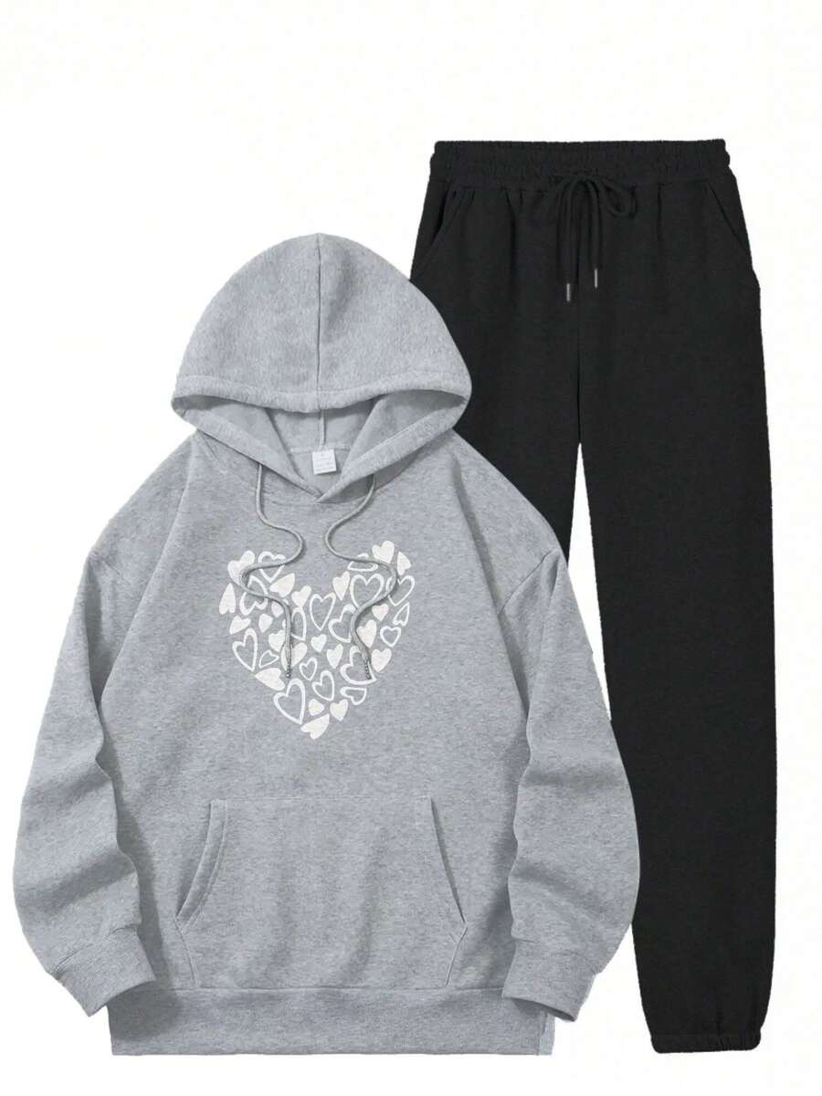 Heart Pattern Love Design Print Two-Piece Set, Long Sleeve Drawstring Hoodies Sweatshirt & Drawstring Jogger Sweatpants Outfits, Women's Clothing Overseas Printing - 灰色 - 查看 1