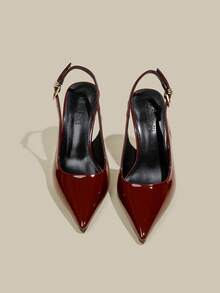 女士酒红色漆皮尖头小猫跟高跟鞋，优雅正式时尚闭趾搭扣派对礼服鞋，带踝带