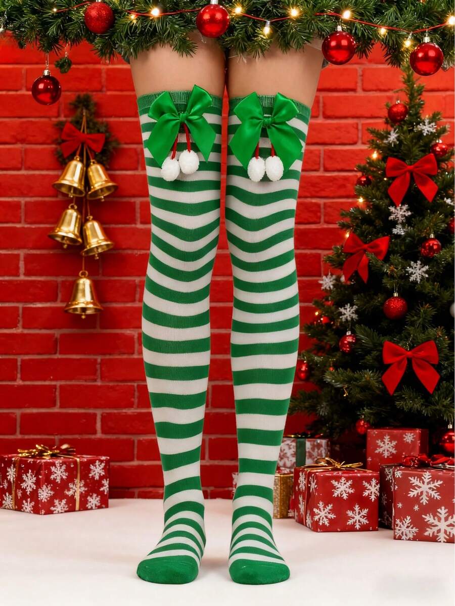 1双女士蝴蝶结、绒球和条纹过膝圣诞袜 - 綠色 - 查看 1