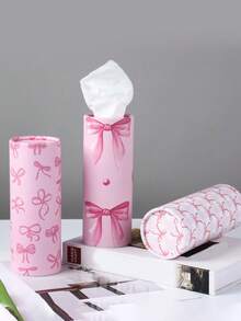 1pc Cute Pink Bow Print Tissue Box Holder - Portable Round Tube Car And Home Tissue Box - Bow - View 6