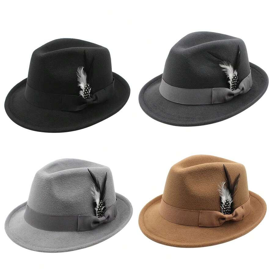 JEWELRYWE Fedora Hats For Men And Women, Classic Panama Hat, Short Brim, Felt Hat With Feather, Felt Jazz Cap, Evening Party Outfit Accessories, Thanksgiving And Christmas Gifts - 淺灰色 - 查看 1
