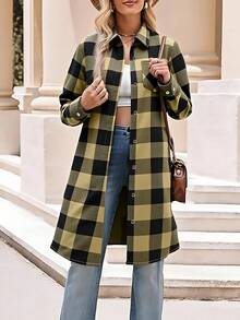 Camisa Blusa Larga Para Mujer,Chaqueta Camisa Estampado A Cuadros, Camisa Blusa Manga Larga, Camisa Blusa Con Bolsillos Delanteros - Verde - Ver 1