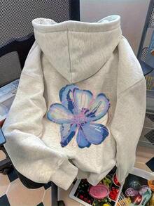 Una sudadera con capucha holgada para mujer, una sudadera con capucha para mujer con estampado de flores tropicales, moda urbana, uso diario informal, sudadera con capucha con estampado a la moda, capucha ajustable con cordón y bolsillo tipo canguro, adecuada para crear conjuntos juveniles, urbanos, cómodos, deportivos y a la moda durante todo el año. - Gris claro 1 - Ver 6