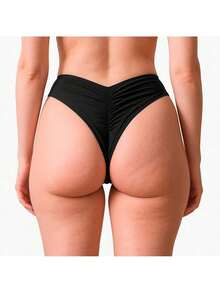 Beach Panties With Butt Lifting Effect, Double String, Ruched Back, High Waist, Premium Quality, Immediate Shipping, Summer, Women's, For Her - Black - View 1