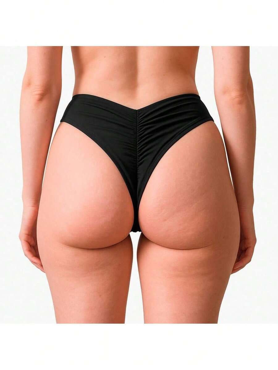 Beach Panties With Butt Lifting Effect, Double String, Ruched Back, High Waist, Premium Quality, Immediate Shipping, Summer, Women's, For Her - Negro - Ver 1