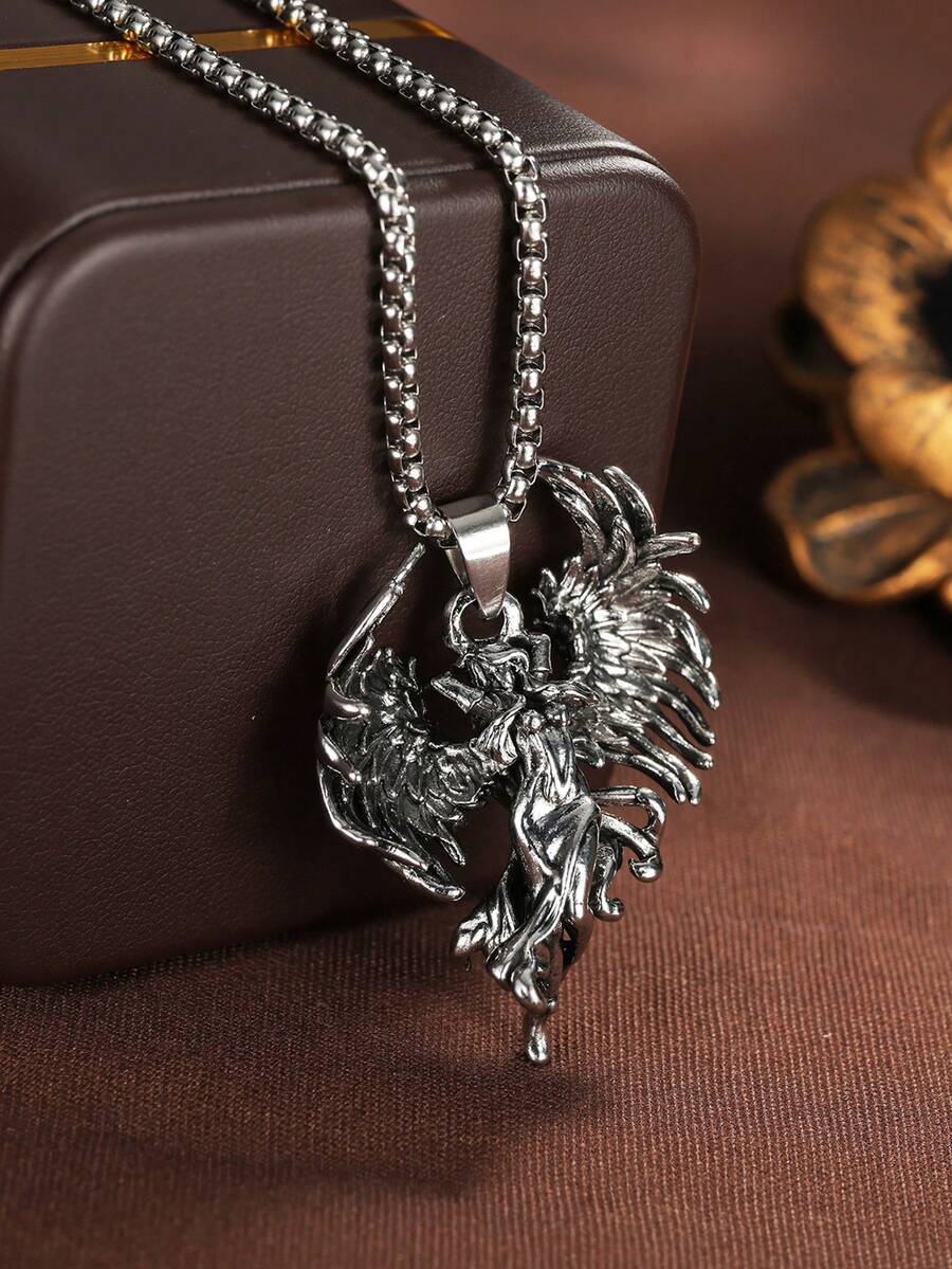 1件装暗黑天使吊坠项链，男女皆宜的朋克复古不锈钢项链饰品 - 復古銀色 - 查看 1