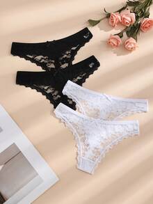 4pcs/Pack Women's Black & White Sexy Lace Patchwork Butterfly Thong Panties, Seamless & Stretchy - Black and White - View 3