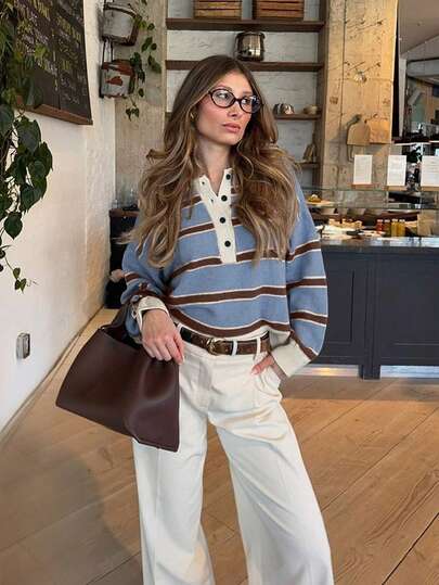 FOR BEAUTY Autumn And Winter New Women's Polo Collar Contrasting Striped Long Sleeved Knitted Sweater Top, Fashionable, Gentle, Simple, Versatile, Casual And Lazy Style Suitable For Daily Commuting Sweater Pullover, Women's Clothing Keep Warm Sweater New Year