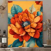 Orange Floral And Green Leaves Canvas Wall Decor - Modern Wood Frame Design, Wood Frame Wall Decor For Living Room, Bedroom, Home Office - High Quality Mural, Art Wall Decor, Perfect Holiday Gift Wall Mural Decoration, Ready To Hang - 橘色 - 查看 1