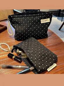 1 Piece, Velvet Fabric With Polka Dot Decoration And Diamond Pattern. It Is A Fluffy And Soft Women's Cosmetic Bag, A Travel Zippered Cosmetic Pouch, A Storage Bag, A Cute Toiletries Bag, A Large-Capacity Cosmetics Organizer Box, A Cosmetics Storage Box , Makeup Room Decor,Makeup Bag,Travel Essential - Multicolor - View 3