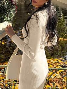 Yuwenier Elegant V-Neckline Long Sleeve Slim-Fit Rib-Knit Gray Long Knit Sweater Dress Button Front Regular Hem Autumn/Winter For Everyday Casual Wear - Apricot - View 2